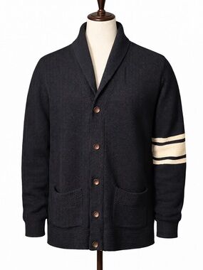 Birdwell cotton, silk, rayon varsity cardigan sweater- navy & white stripe- XXL